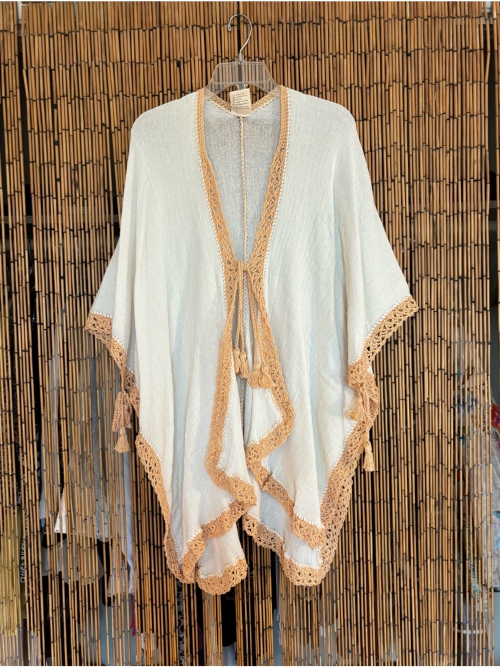 R2 Women's Cream Swim Coverup with Tan Crochet Trim and Tassels